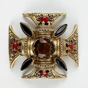 Vintage Florenza Faux Topaz Carnelian Rhinestone Maltese Cross Brooch Pendant